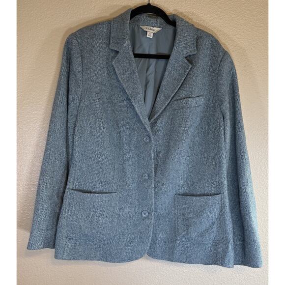 Vintage LL Bean Plus 2X Green Teal Herringbone Wool Silk Blend Women's Blazer - Picture 1 of 7
